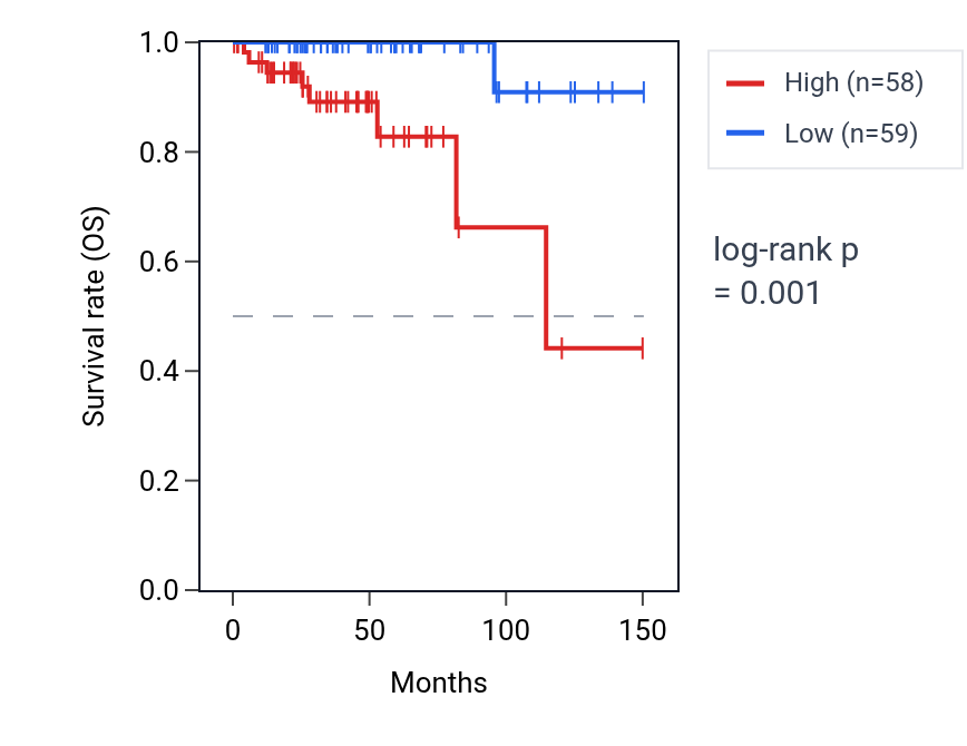 Kaplan&ndash;Meier survival curve for Positive regulation of blood circulation pathway activity in THYM: high vs low activity groups.