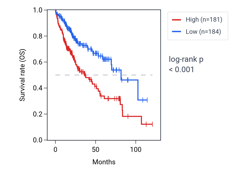 Kaplan&ndash;Meier survival curve for Regulation of exosomal secretion pathway activity in LIHC: high vs low activity groups.