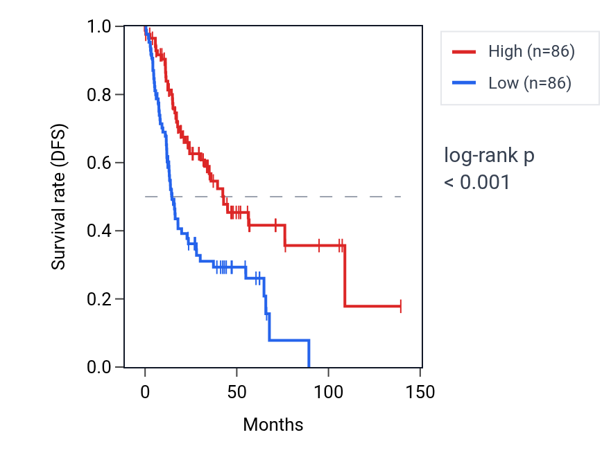Kaplan&ndash;Meier survival curve for Protein localization to cytoplasmic stress granule pathway activity in HNSC: high vs low activity groups.