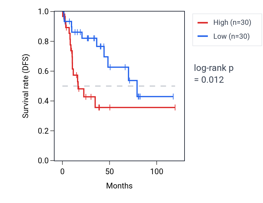 Kaplan&ndash;Meier survival curve for Regulation of chaperone-mediated autophagy pathway activity in LUSC: high vs low activity groups.