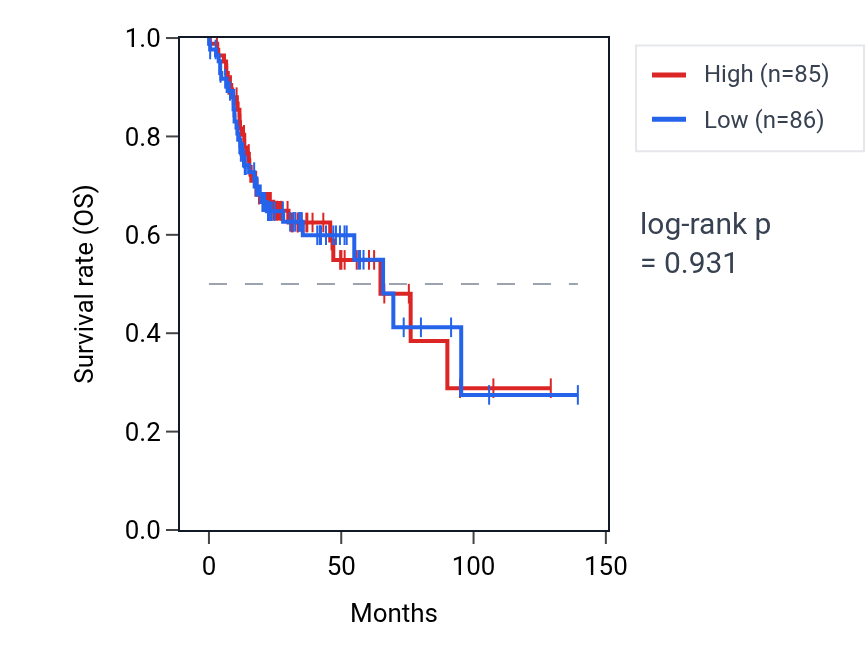 Kaplan&ndash;Meier survival curve for Excitatory synapse assembly pathway activity in HNSC: high vs low activity groups.