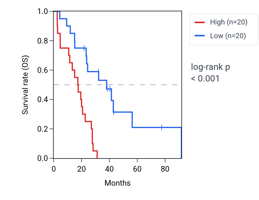 Kaplan&ndash;Meier survival curve for Negative regulation of calcium ion transmembrane transport via high voltage-gated calcium channel pathway activity in MESO: high vs low activity groups.