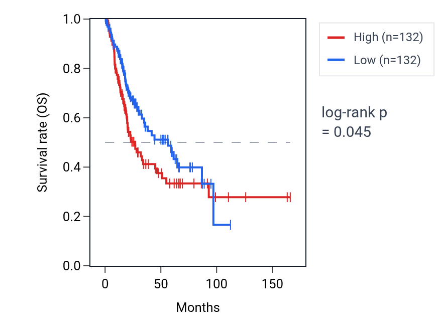 Kaplan&ndash;Meier survival curve for Positive regulation of vascular endothelial cell proliferation pathway activity in BLCA: high vs low activity groups.