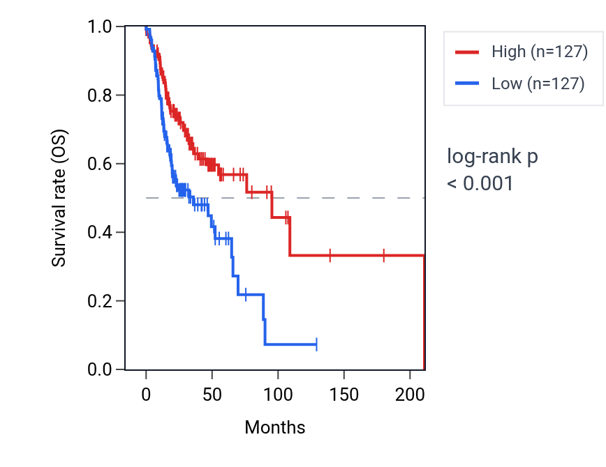 Kaplan&ndash;Meier survival curve for Positive regulation of response to endoplasmic reticulum stress pathway activity in HNSC: high vs low activity groups.