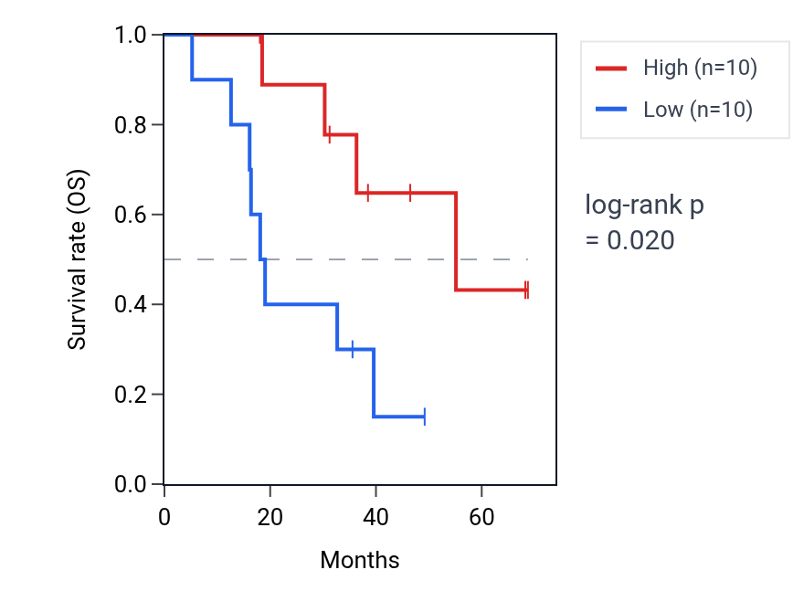 Kaplan&ndash;Meier survival curve for Protein polyufmylation pathway activity in ACC: high vs low activity groups.
