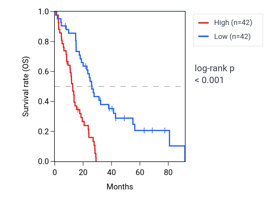 Kaplan&ndash;Meier survival curve for Double-strand break repair involved in meiotic recombination pathway activity in MESO: high vs low activity groups.