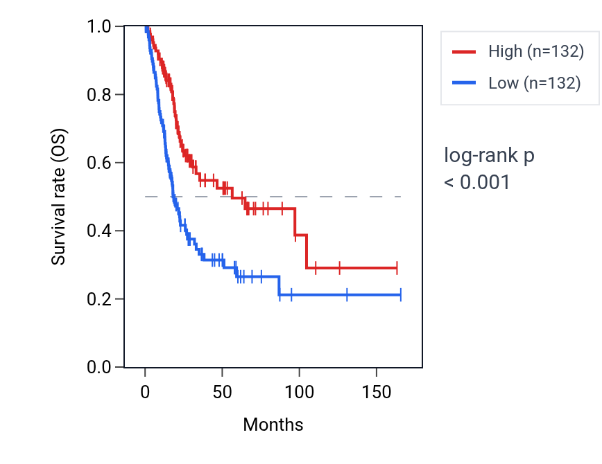 Kaplan&ndash;Meier survival curve for Positive regulation of dendritic cell differentiation pathway activity in BLCA: high vs low activity groups.