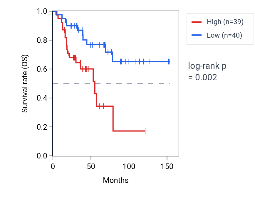 Kaplan&ndash;Meier survival curve for Positive regulation of neuron migration pathway activity in ACC: high vs low activity groups.