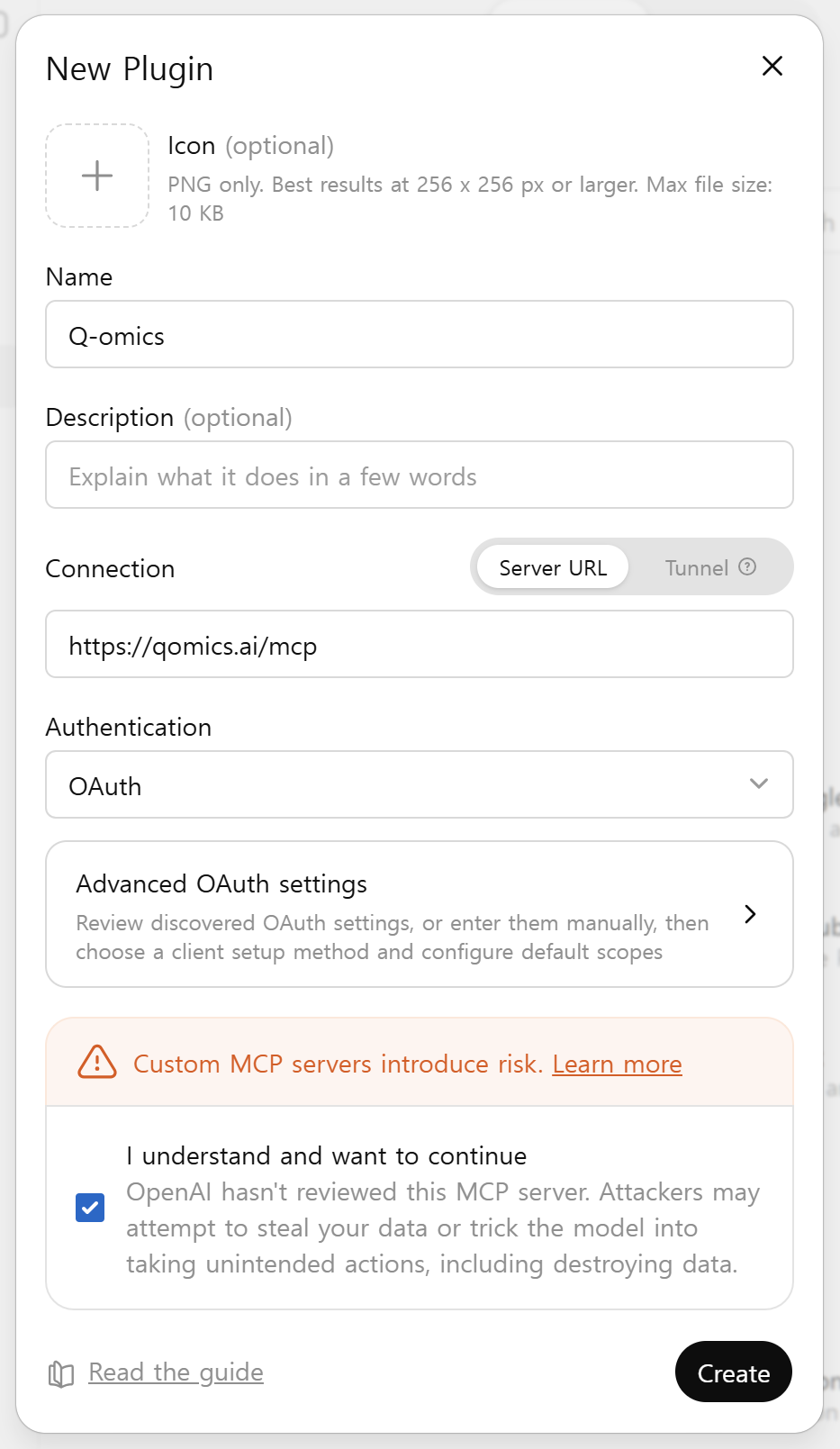 New Plugin 다이얼로그에서 이름과 Server URL 을 입력하고 Authentication 을 OAuth 로 설정하는 화면
