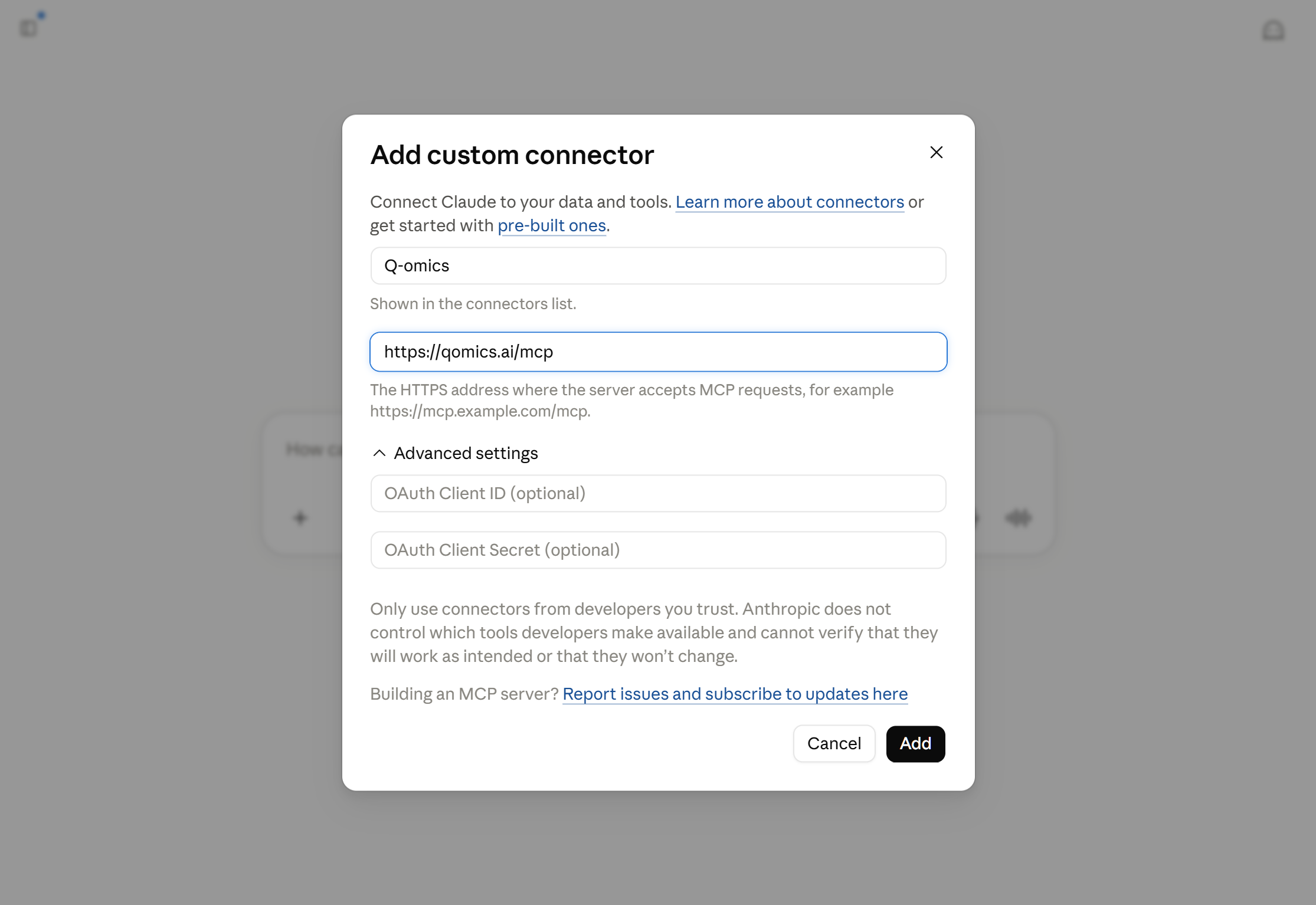 Add custom connector 모달에서 이름과 Q-omics MCP 서버 URL 을 입력하는 화면